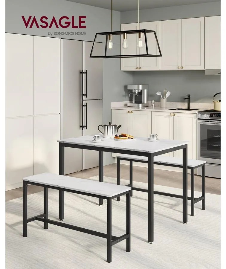 VASAGLE étkezőasztal szett 4 fő részére, konyhaasztal 2 paddal, márványfehér és tintafekete színben