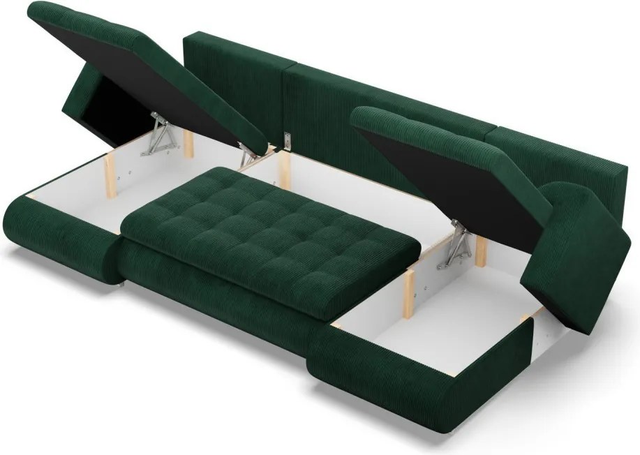 Tokio U alakú sarokkanapé, 3 ágyneműtartóval, kordbársony, univerzális oldal, zöld