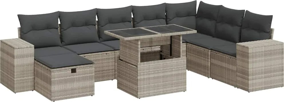 vidaXL 9 részes világosszürke polyrattan kerti ülőgarnitúra párnával