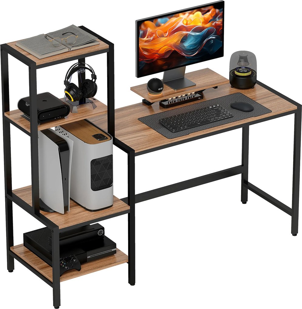 HOMCOM 150 x 48 cm-es Számítógép Íróasztal Monitorállványal, CPU Támasszal, Nyomtatószekrénnyel, 4 Polccal, Fém Kerettel Az Otthoni Irodába, Hálószobá