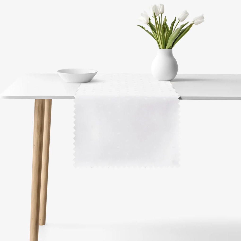 Goldea ünnepi teflonos asztali futó - fehér alapon fényes négyzetek 35x120 cm