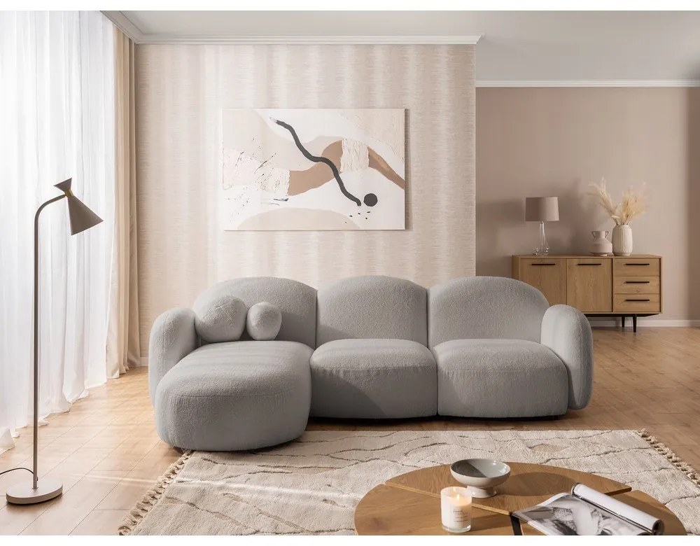 Szürke buklé sarokkanapé (bal oldali-heverő résszel) Orbit – Ropez