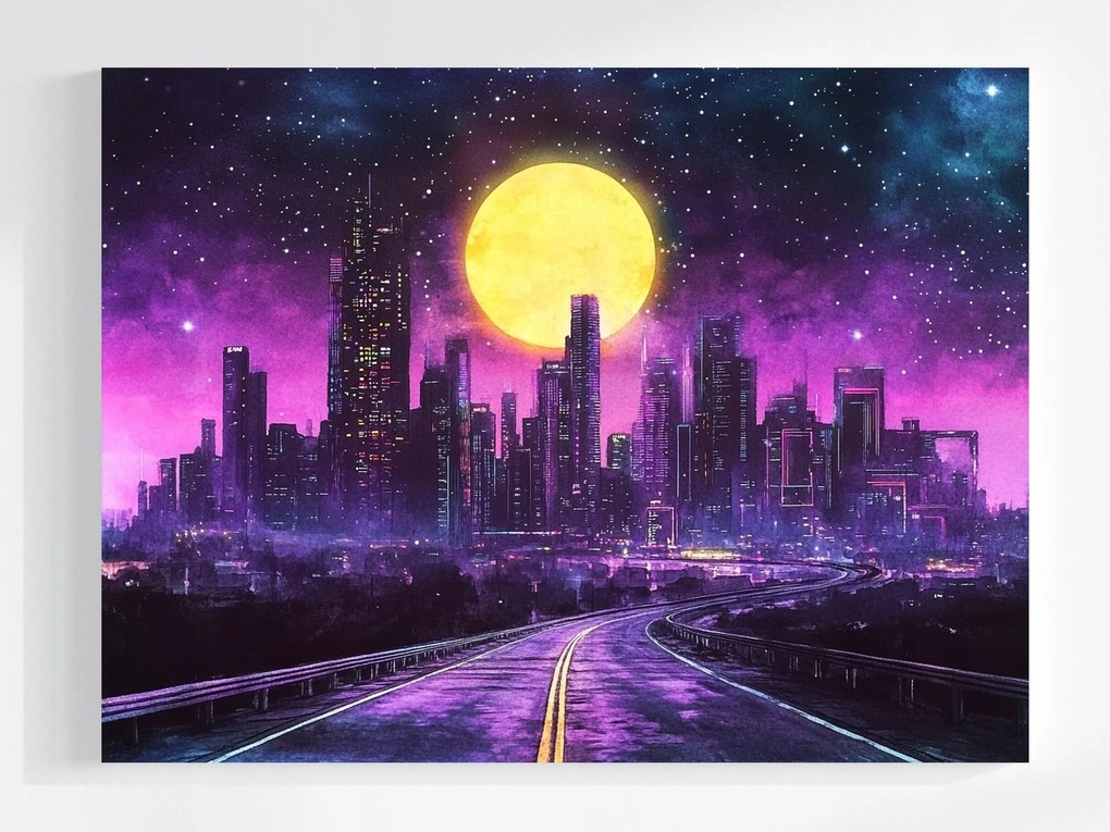 Vászonkép Canvas Cyberpunk Synthwave Város Felhőkarcolók Út 80x60