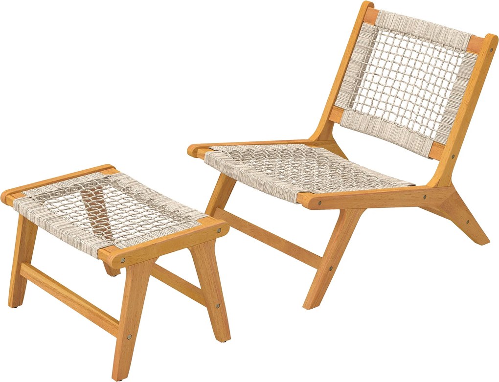 Outsunny 2 részes akácfa kültéri lounge fotel és lábtartó – FSC-tanúsított, polipropilén rattan ülés, boho stílus, bézs (160 kg) | Aosom