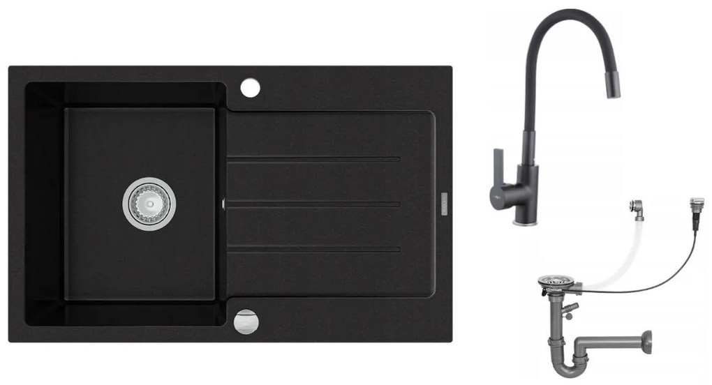 Mexen Bruno - gránit mosogató 79,5x49,5cm + Flex csaptelep, 1 kamrás, fekete, 6513791010-77-Flex