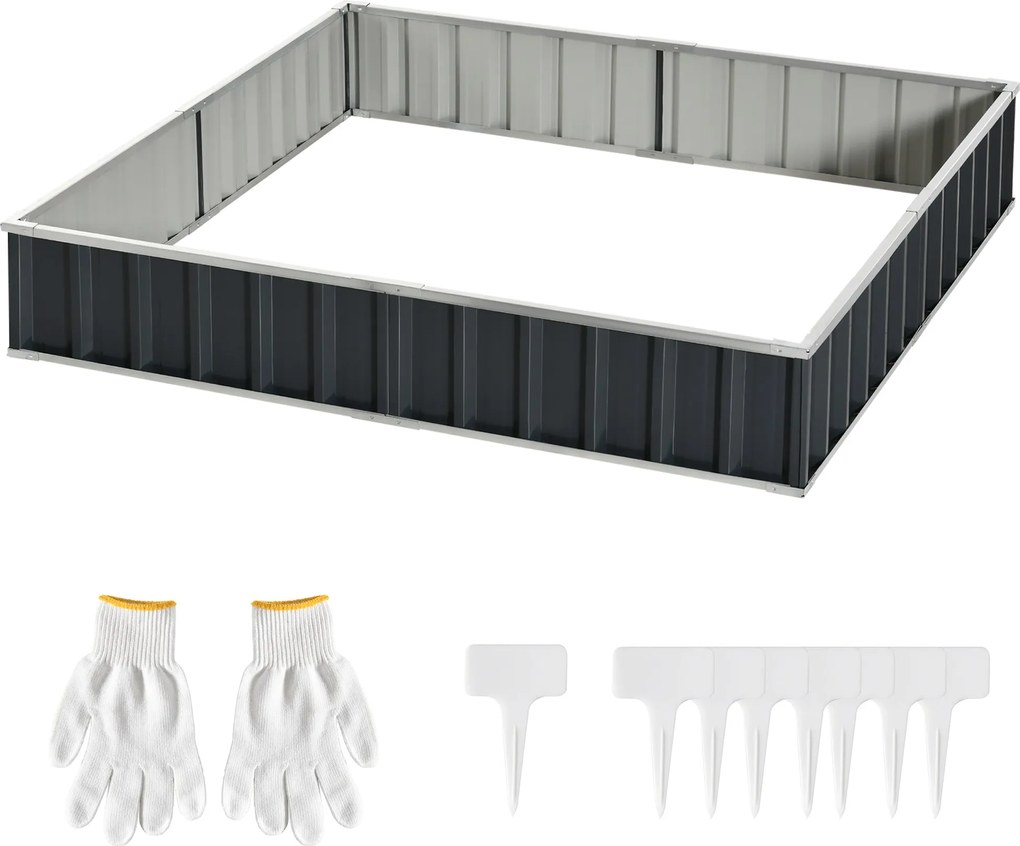 Outsunny Acél Magaságyás DIY Kertész Ágy T-alakú Növényjelzőkkel, Kertész Kesztyűvel, Fűszerágy, Virágállvány Balkonra Sötétszürke 258 x 90 x 30 cm |