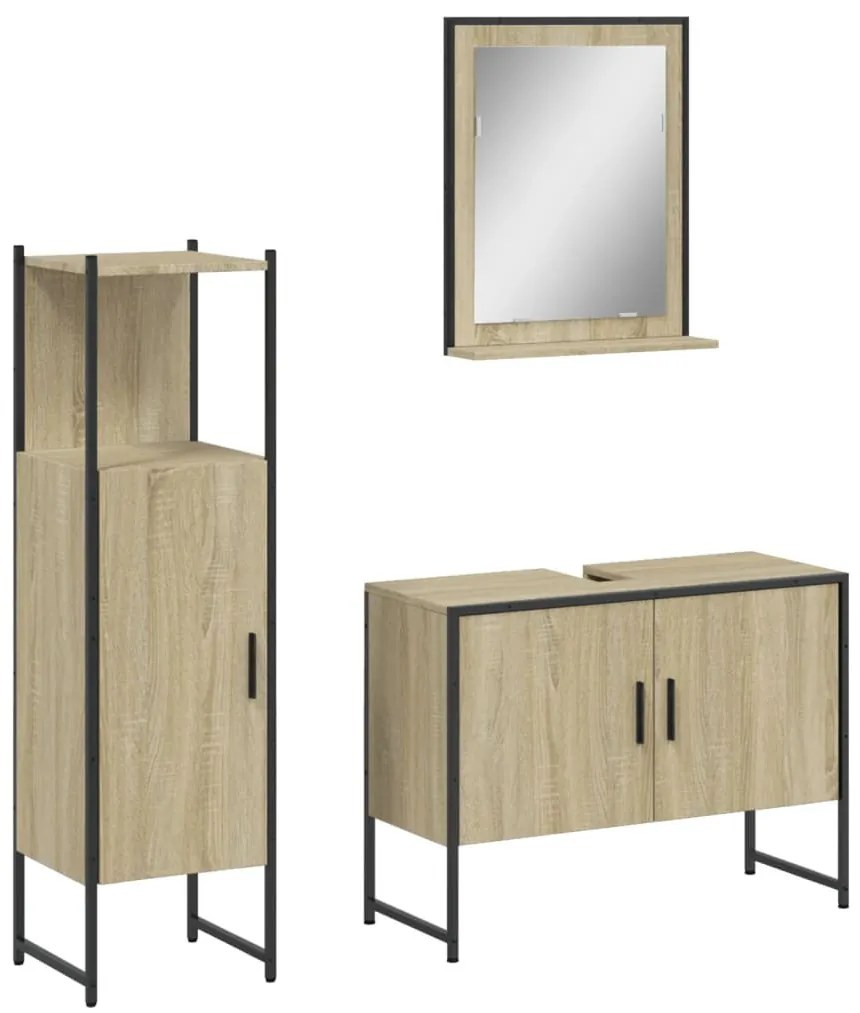 3 részes sonoma tölgy színű szerelt fa fürdőszobaszekrény-szett