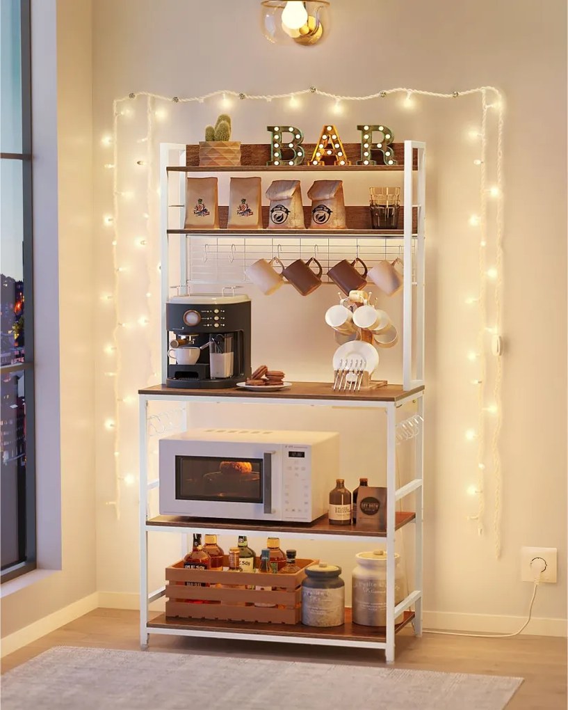 Konyhai állvány polcokkal, 14 akasztóval, rusztikus barna, fehér és 80x40x170cm