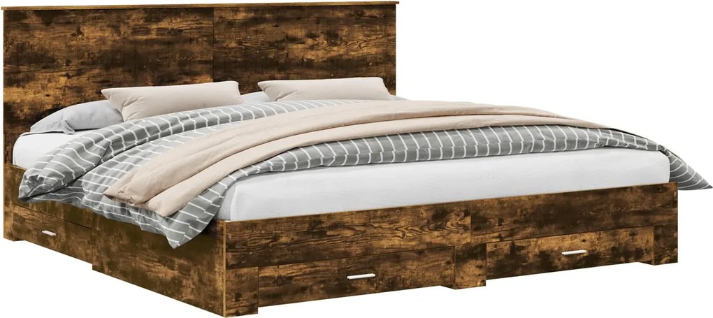 vidaXL Ágykeret fejtámlával fiókkal Füstölt tölgy 200 x 200 cm Faanyag