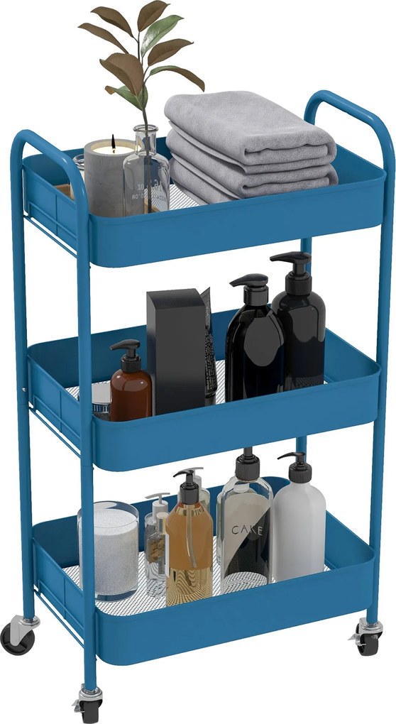 HOMCOM Görgős Segédkocsi 3 Kosárral és Acél Vázal Nappalihoz, Hálószobához, Irodához, Konyhához 45x30.6x79 cm | Aosom