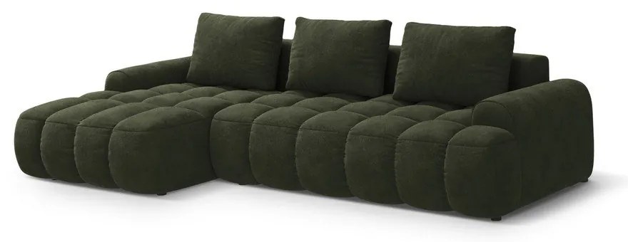Zöld bársony kinyitható-tárolóhelyes sarokkanapé (bal oldali-heverő résszel) Linz – Cosmopolitan Design