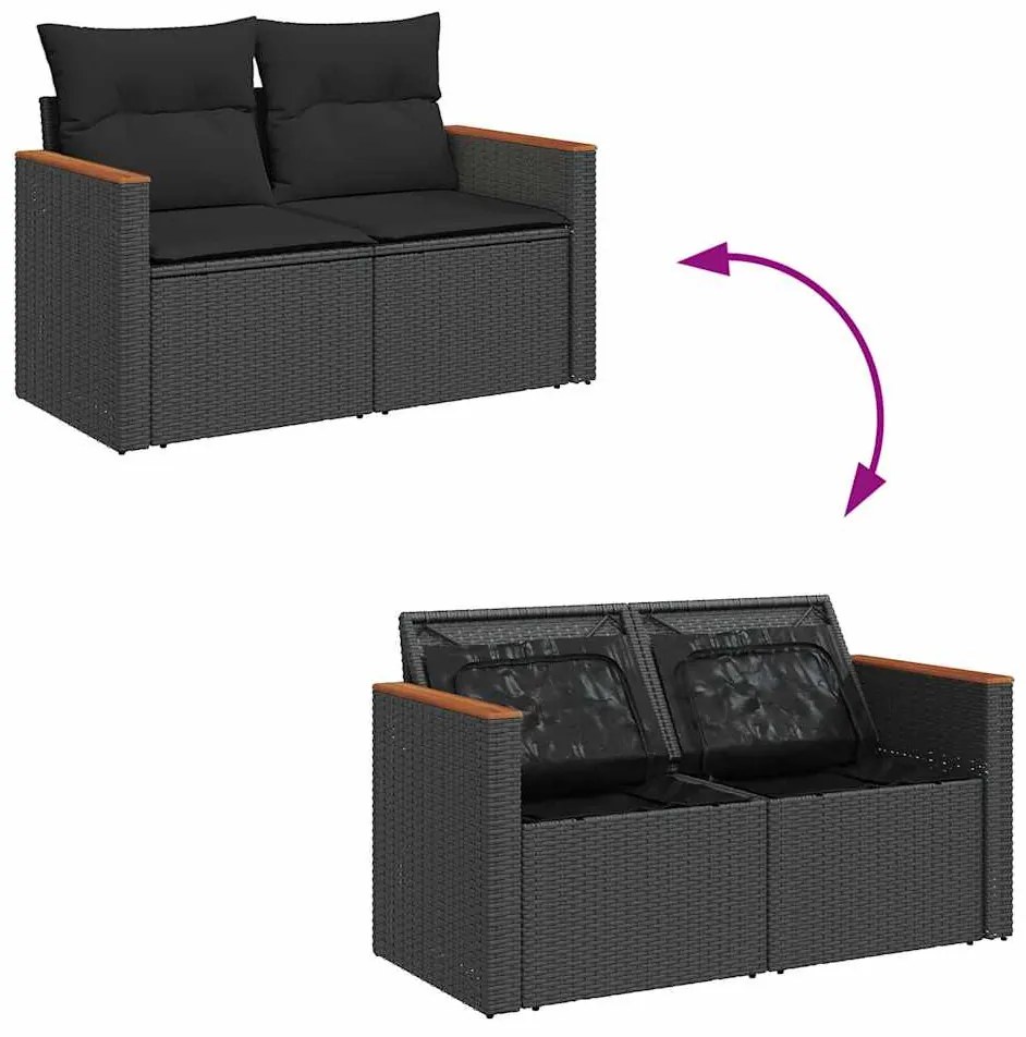 8 részes fekete polyrattan akácfa kerti ülőgarnitúra párnákkal