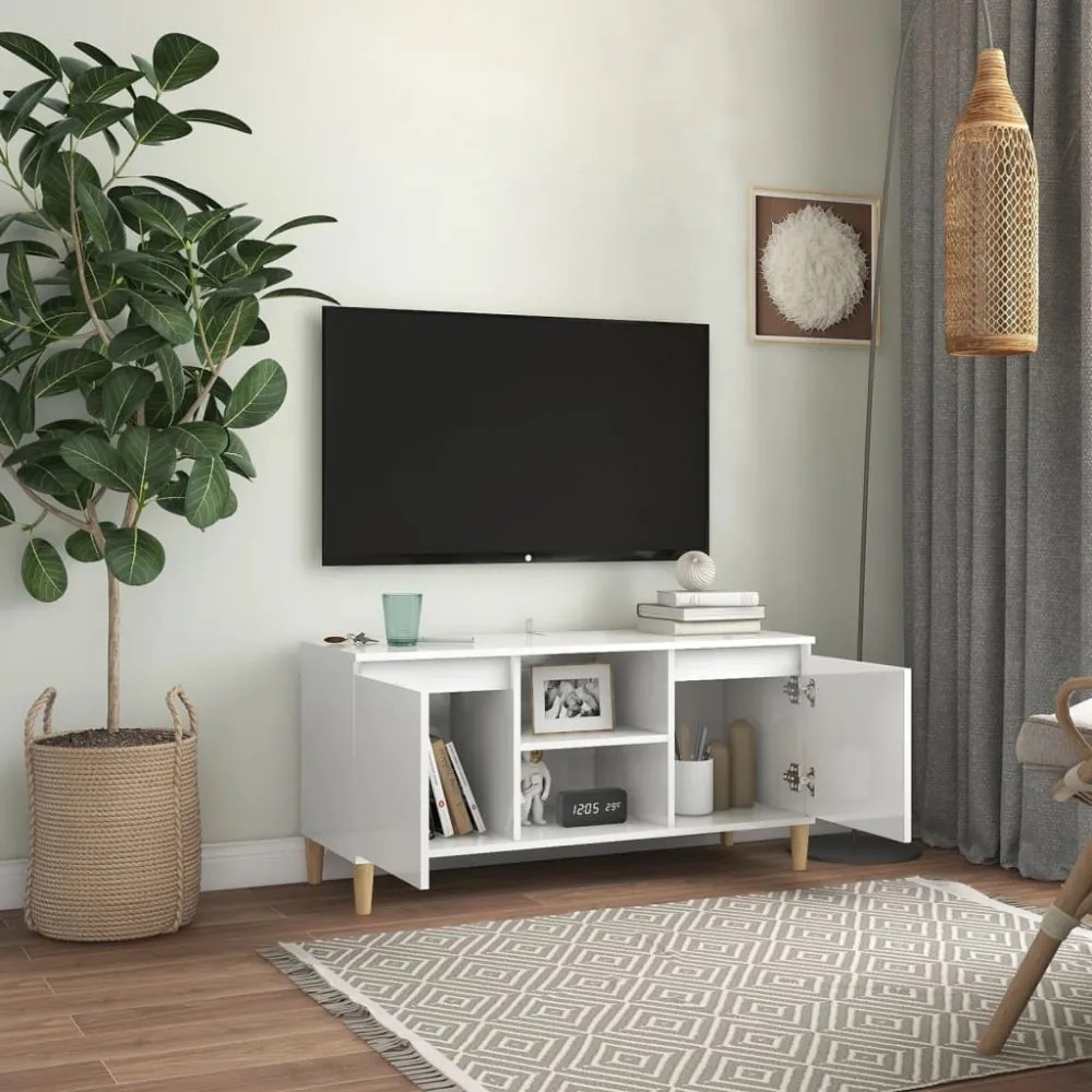 magasfényű fehér TV-szekrény tömör falábakkal 103,5x35x50 cm