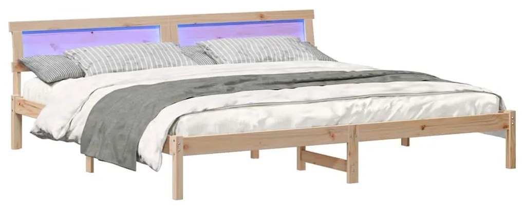 Ágykeret LED -es lámpákkal Barna 200 x 200 cm Tömör fenyőfa