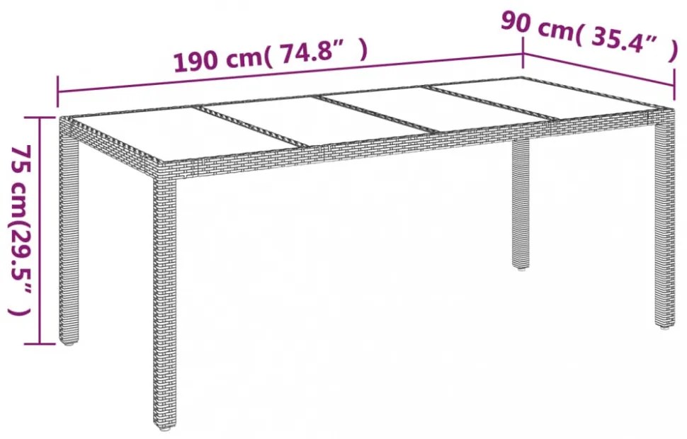 szürke polyrattan üveglapos kerti asztal 190 x 90 x 75 cm