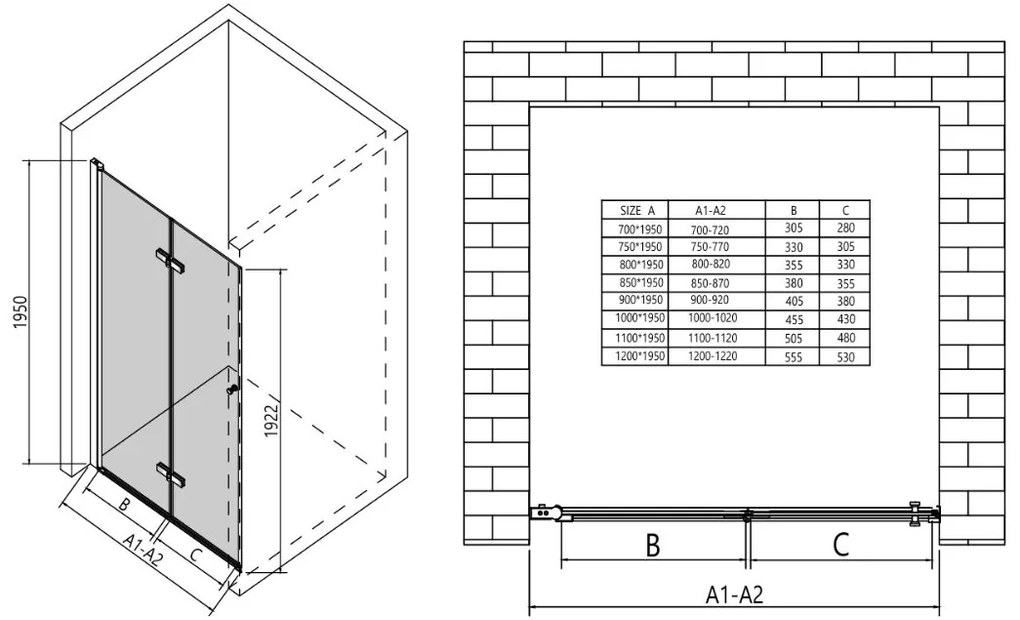 Erga Berlin, nyitható zuhanyajtó 120x195 cm, 6 mm átlátszó üveg, fekete profil, ERG-V02-BERLIN-D120-BK