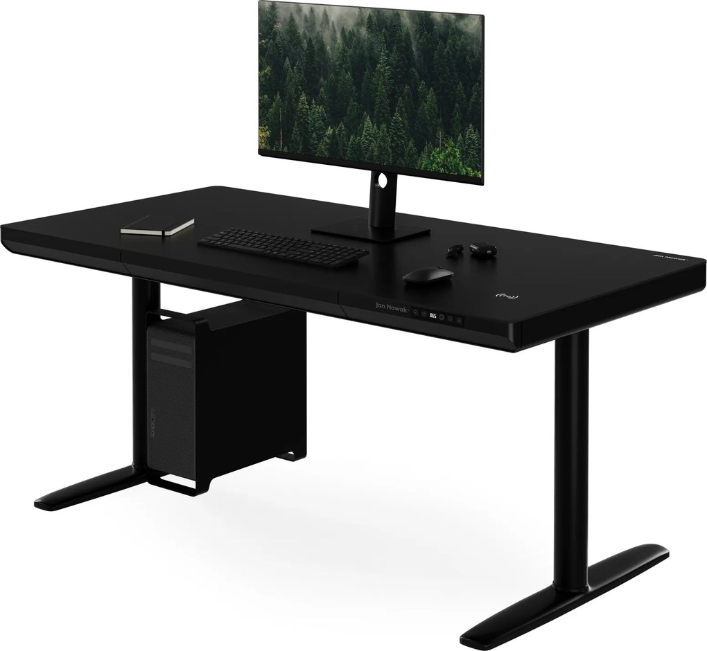 Elektromos ülő-álló íróasztal fiókkal és Qi vezeték nélküli töltővel fekete, 1400 mm: ELLIS