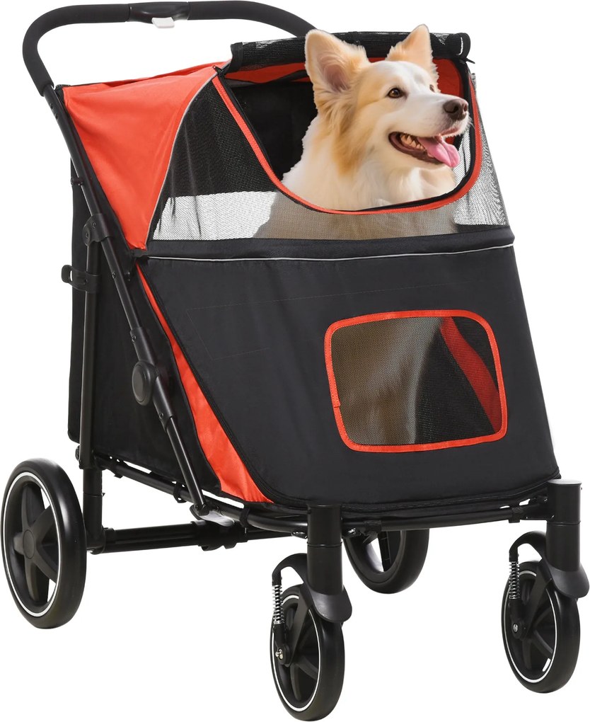 PawHut Kutya Kocsi, Párnás Kutya Babakocsi, Összecsukható Kutya Trolley, Macska Babakocsi Nagy és Közepes Kutyák Számára, Kutya Trolley Hálós Ablakkal