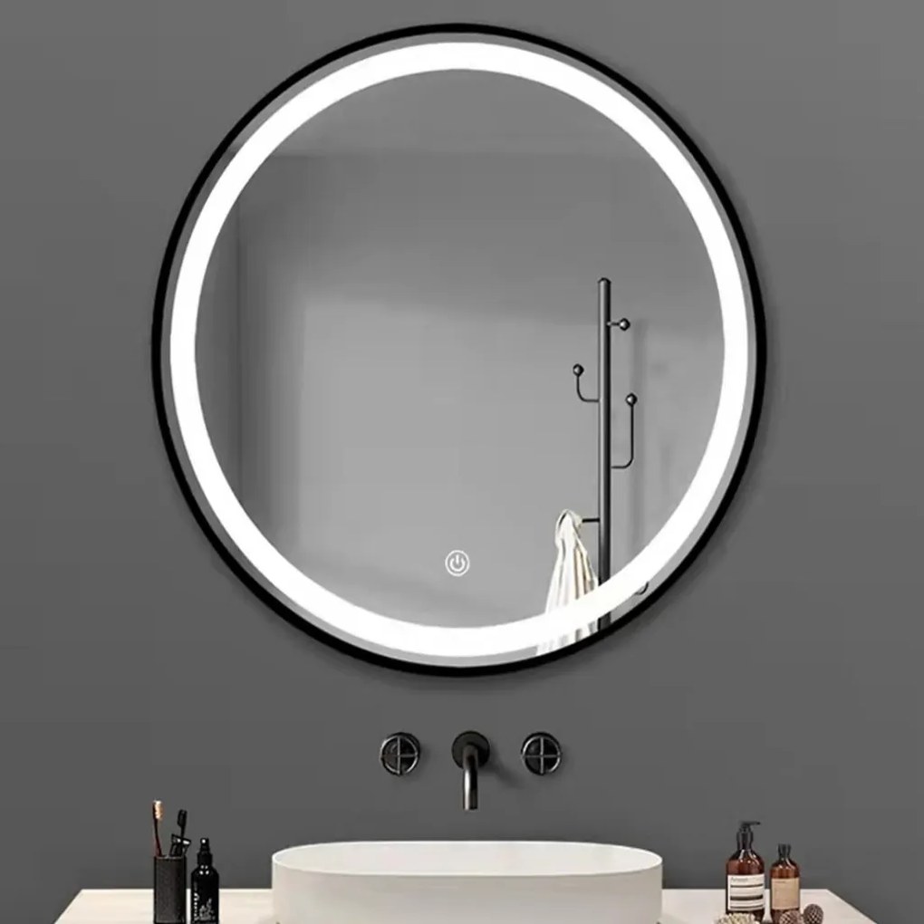 TMP IRON fürdőszoba tükör - FEKETE keret - kerek - LED világítással - érintésmentes kapcsoló - 80 cm
