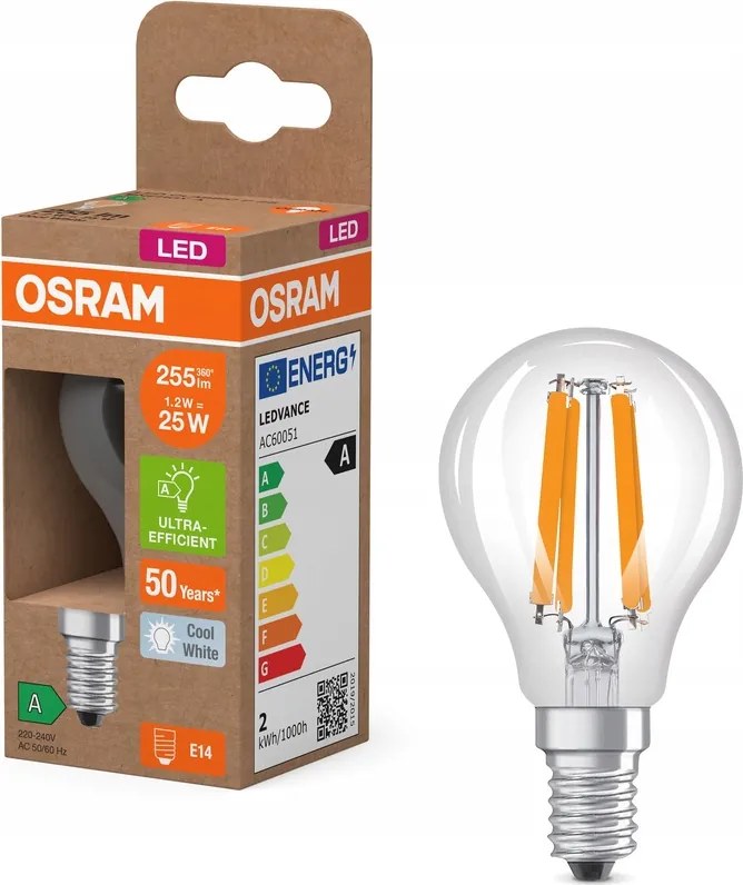 Led izzó P45 E14 1,2W 25W 255lm 4000K Filament 213lm/W A osztály Osram