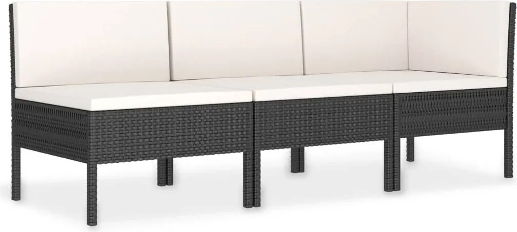 vidaXL 3 részes fekete polyrattan kerti bútorszett párnákkal