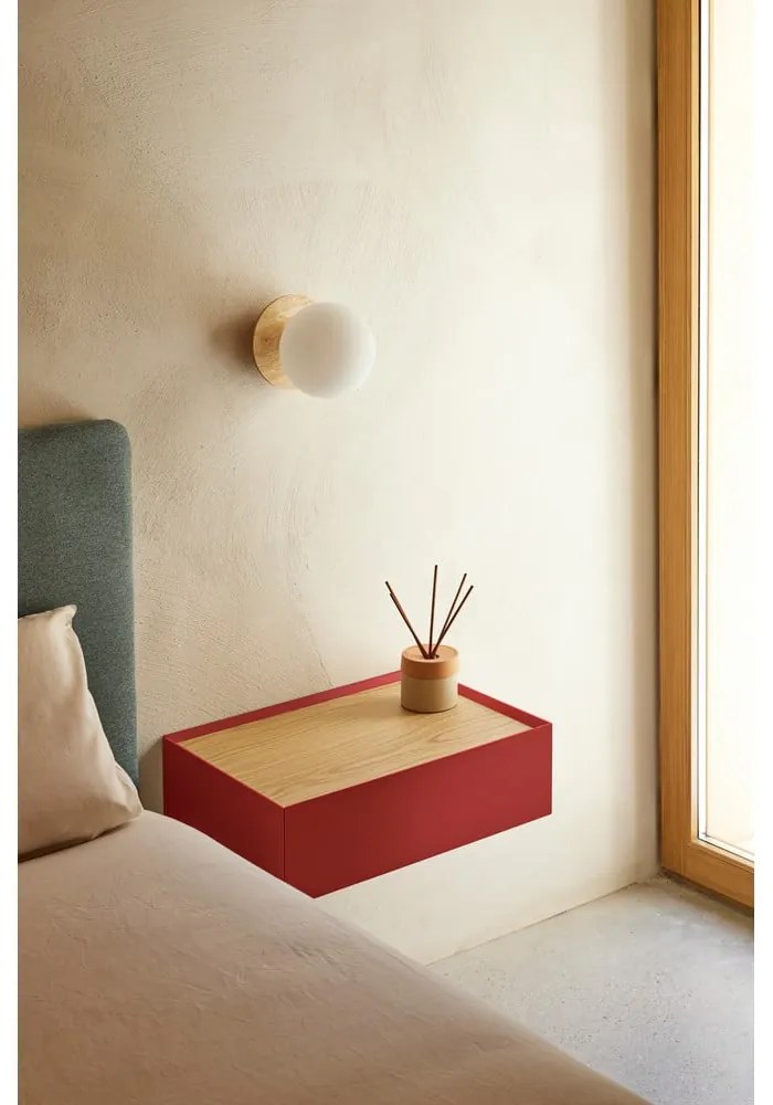 Piros függő éjjeliszekrény tölgyfa dekoros asztallappal Arista – Teulat