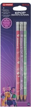 Grafitceruza radírral készlet, HB, kerek, STABILO K-Pop démonvadászok, 3 különböző minta (TST493031)