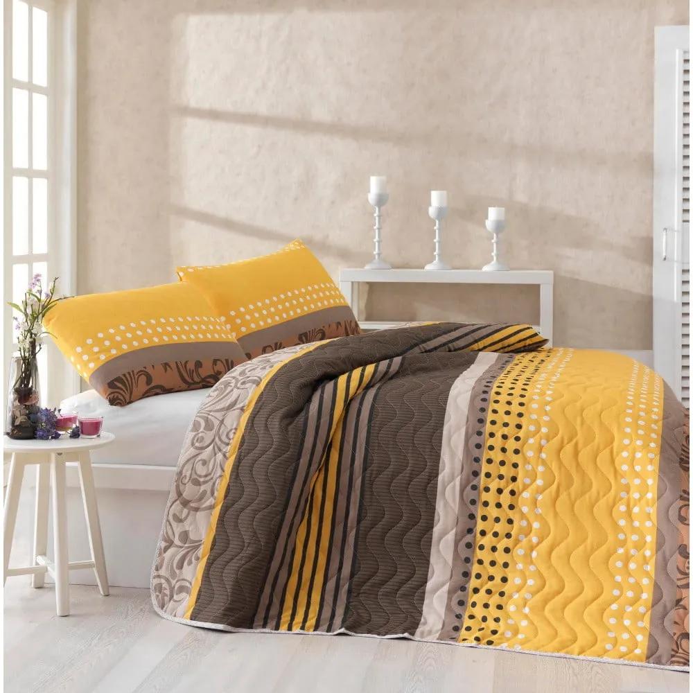 Miranda Yellow pamutkeverék ágytakaró és párnahuzat szett, 160 x 220 cm