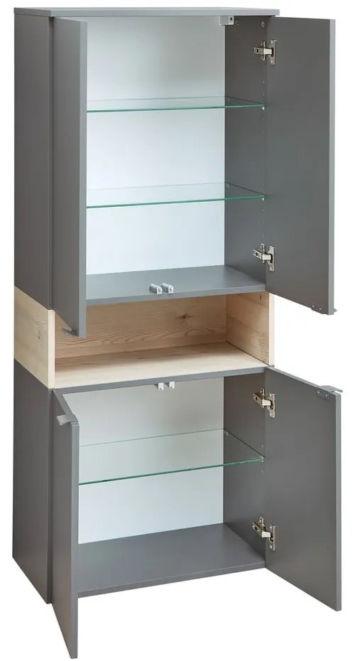 Szürke-natúr színű magas-fali fürdőszoba szekrény borovi fenyő dekorral 142x60 cm Quickset 394 – Pelipal