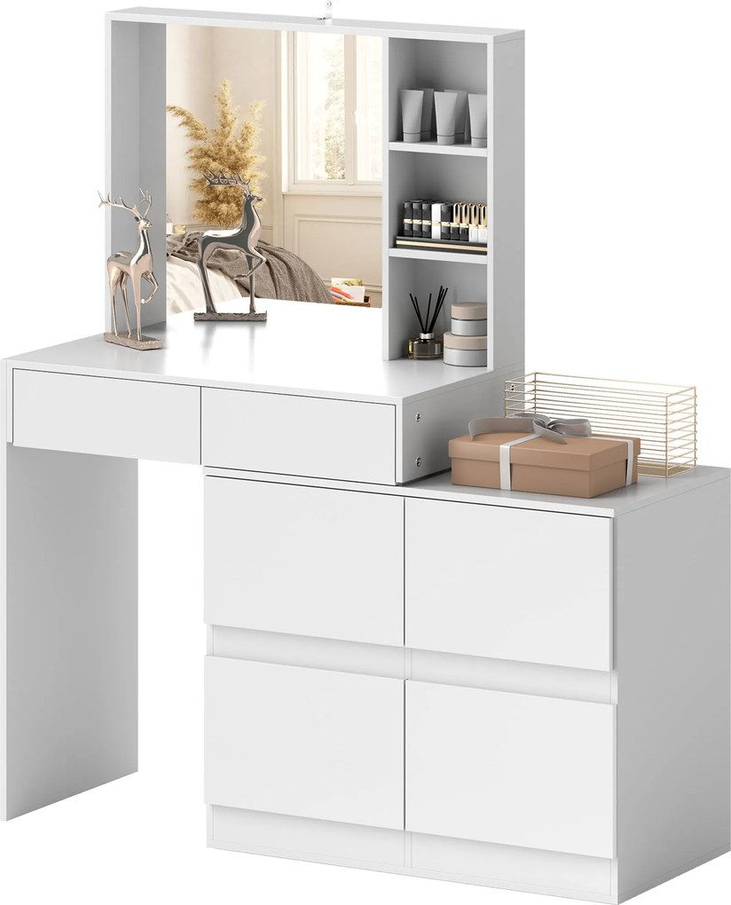 HOMCOM Sminkasztal Tükörrel, Push-to-Open Mechanizmusokkal, Sokoldalú Rögzítési Lehetőségekkel, 4 Fiókkal, 3 Nyitott Polccal és 2 Szekrénnyel, Fehér |
