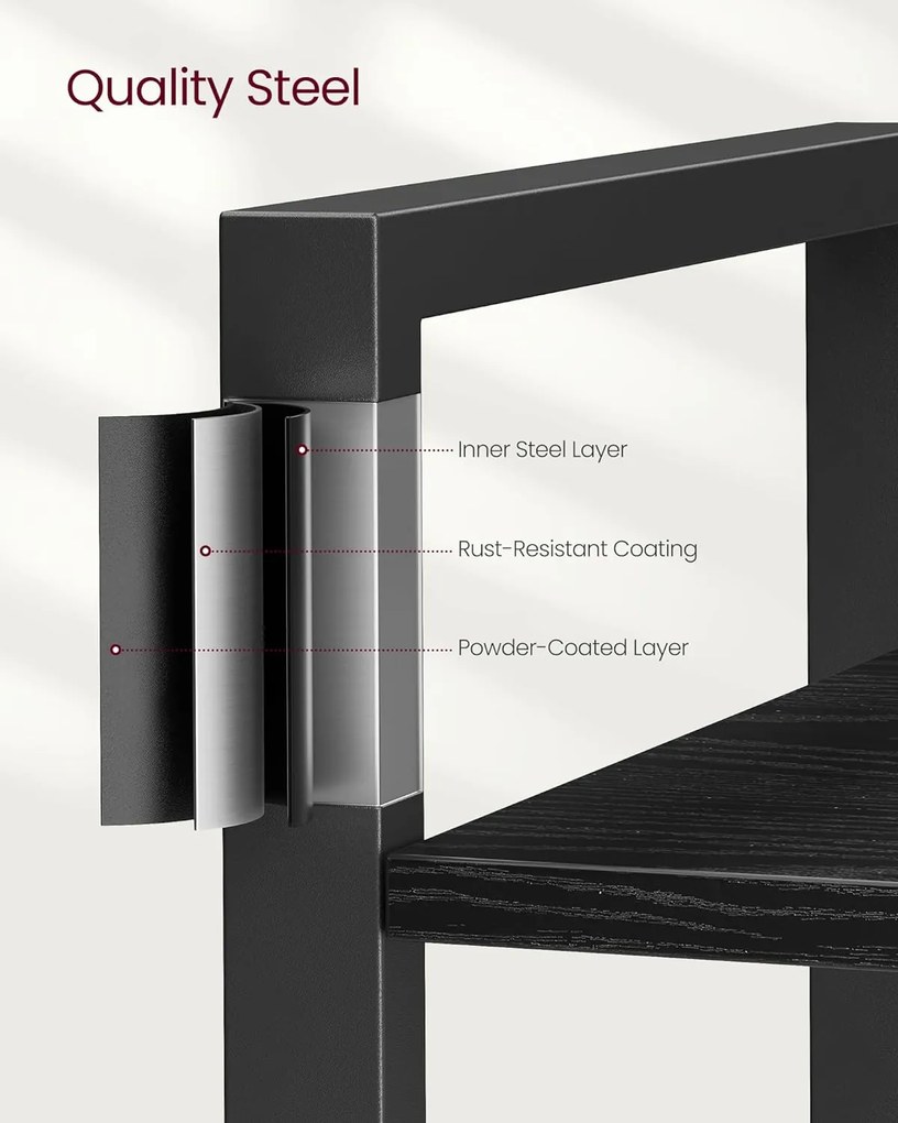 6 szintes magas könyvespolc, szabadon álló polc, acélkeret, fekete