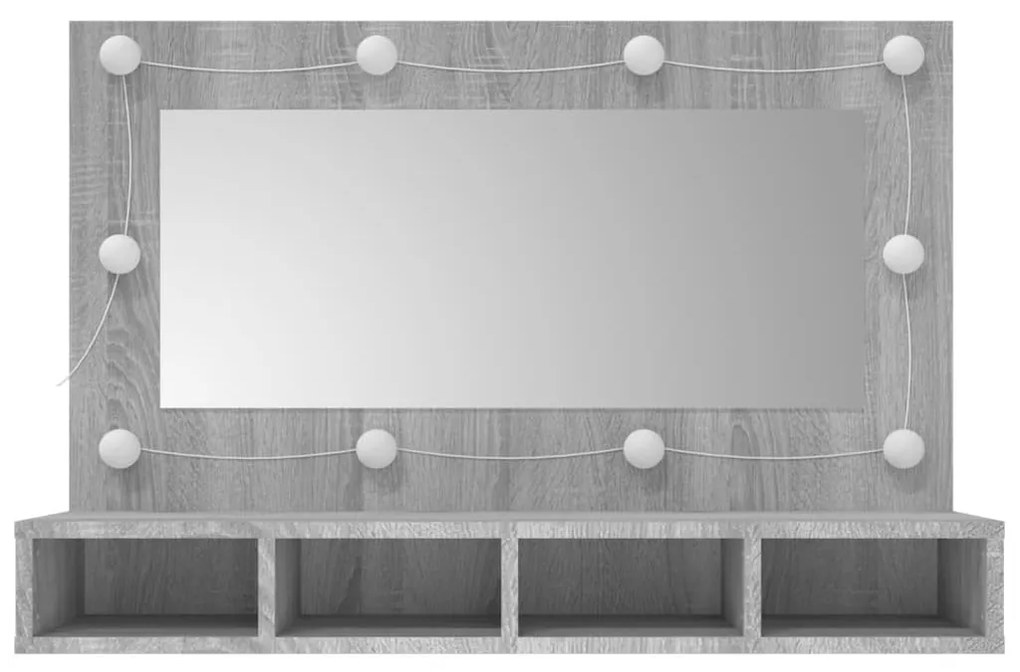 szürke sonoma színű tükrös szekrény LED-ekkel 90 x 31,5 x 62 cm