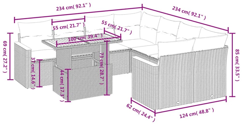 9-részes szürke polyrattan kerti ülőgarnitúra párnákkal