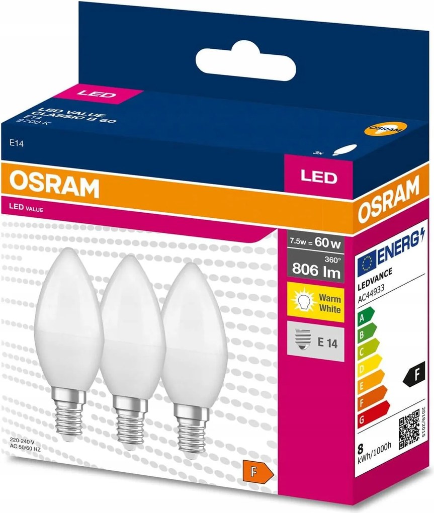 3x Led izzó E14 B39 7,5W 60W 806lm 2700K Meleg 220° Osram Value