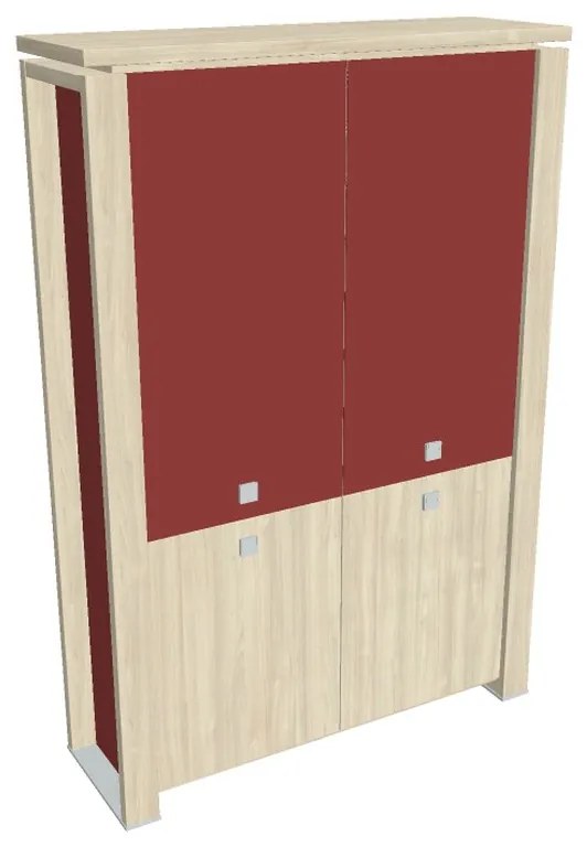 Verno+ S magas szekrény 140 x 46 x 210 cm, kombinált ajtó, akác / piros