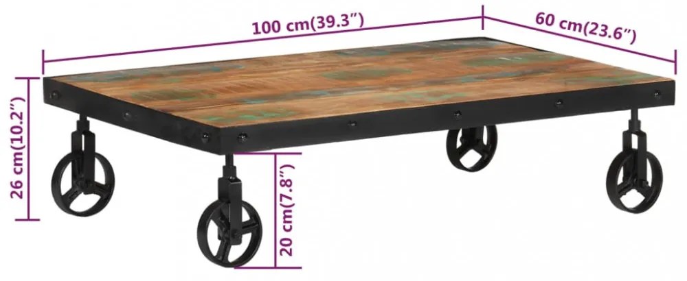 újrahasznosított fa dohányzóasztal kerekekkel 100x 60 x 26 cm