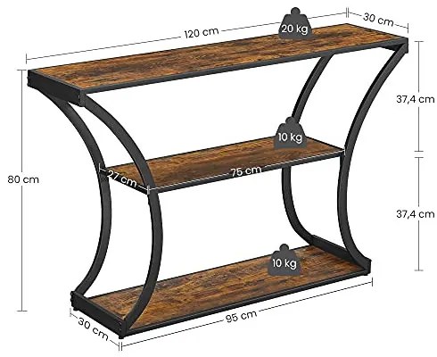 Konzolasztal polcokkal, rusztikus barna 120x30x80cm