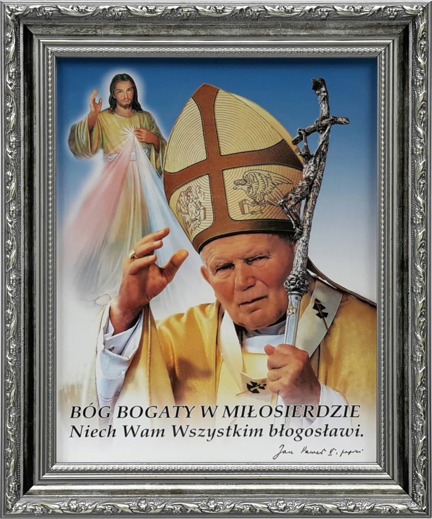 Vászonkép 31x26 Szent II. János Pál Pápa Jézus Bízom Benned Ezüst Keret