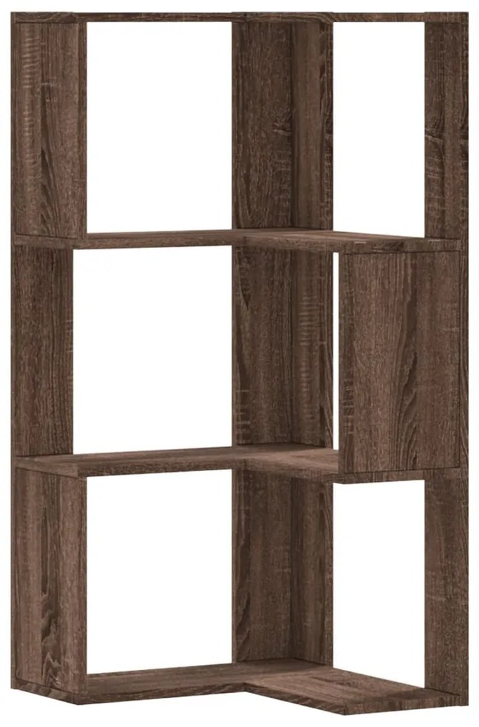 3 szintes barna tölgy szerelt fa sarok könyvespolc 50x50x102 cm