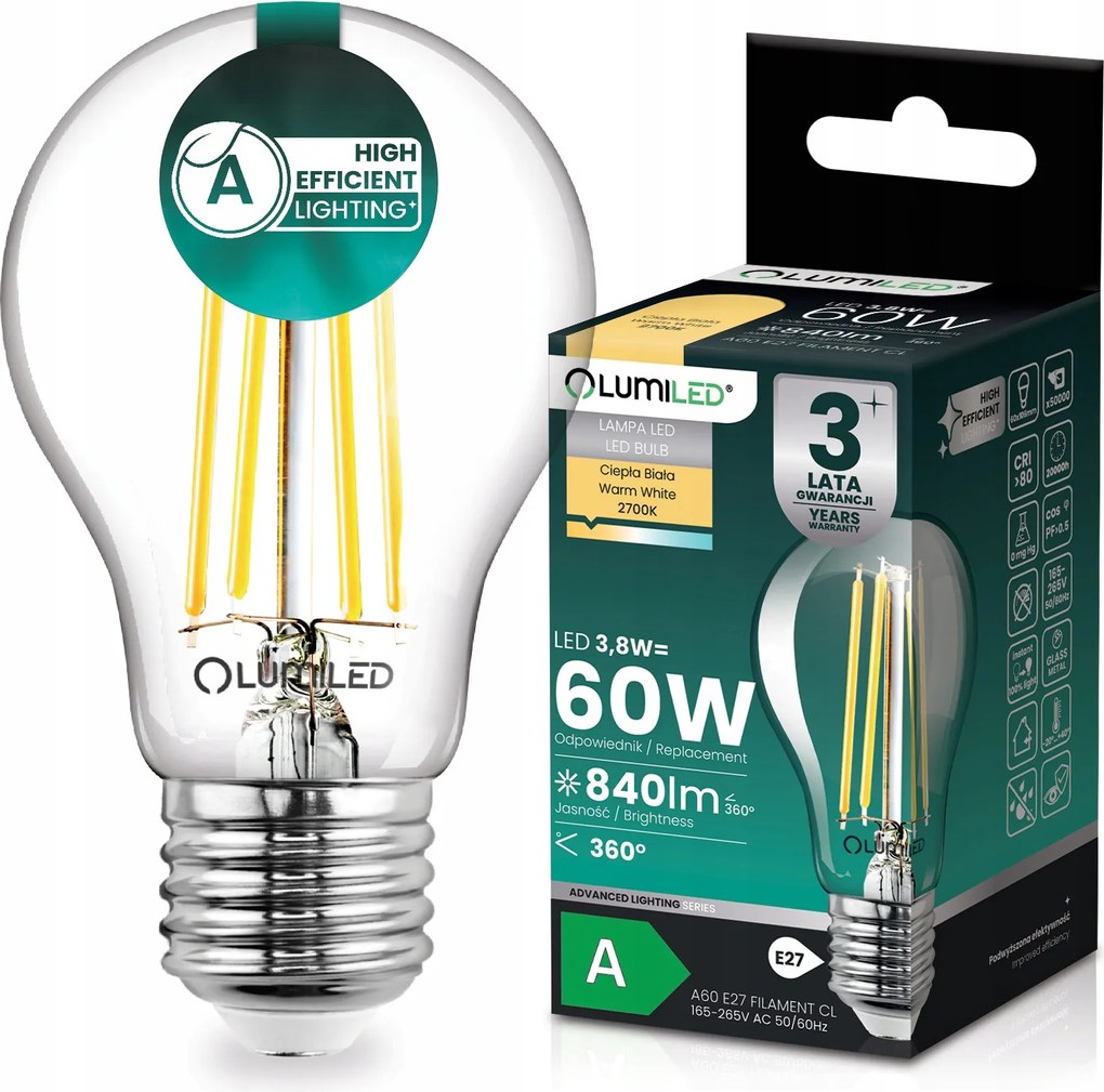 Led Izzó E27 Filament Class A 3,8W 840LM 60W 2700K 360° Lumiled