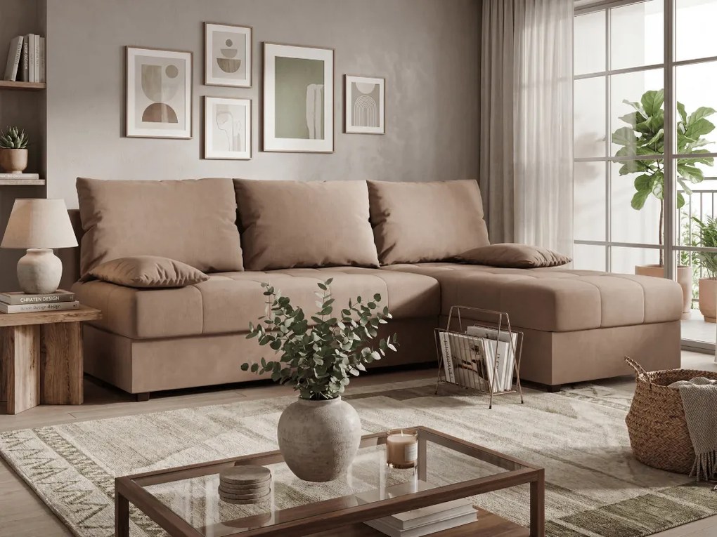 Ágyazható, kétoldalas L alakú kanapé VENORIA SLIM 200x143 cm, bézs színű + 2 db díszpárna INGYEN
