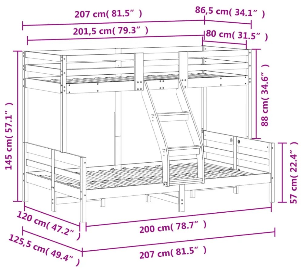 viaszbarna tömör fenyőfa emeletes ágy 80 x 200/120 x 200 cm