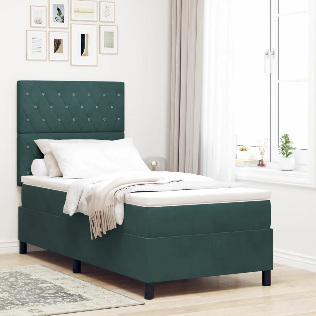Boxspring Ágy Matrac & LED Sötét Zöld 90x190 cm Bársonyos