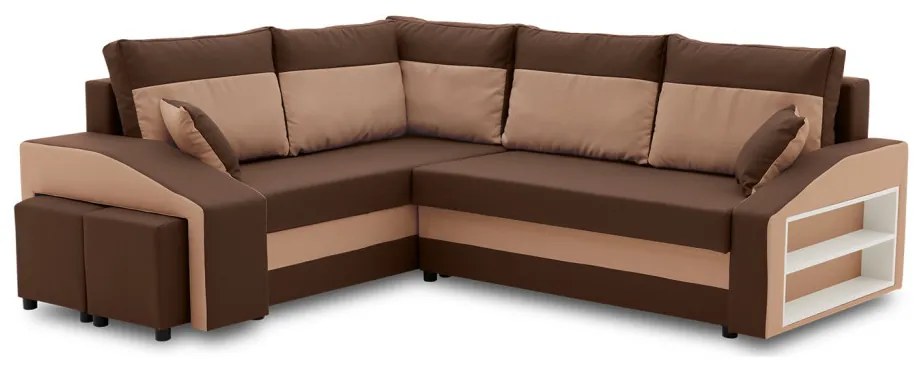 Grande sarokkanapé polcokkal és puffokkal , polc a jobb karfaban puffok a bal karfaban, baloldali, szövet anyag, hab töltet, barna