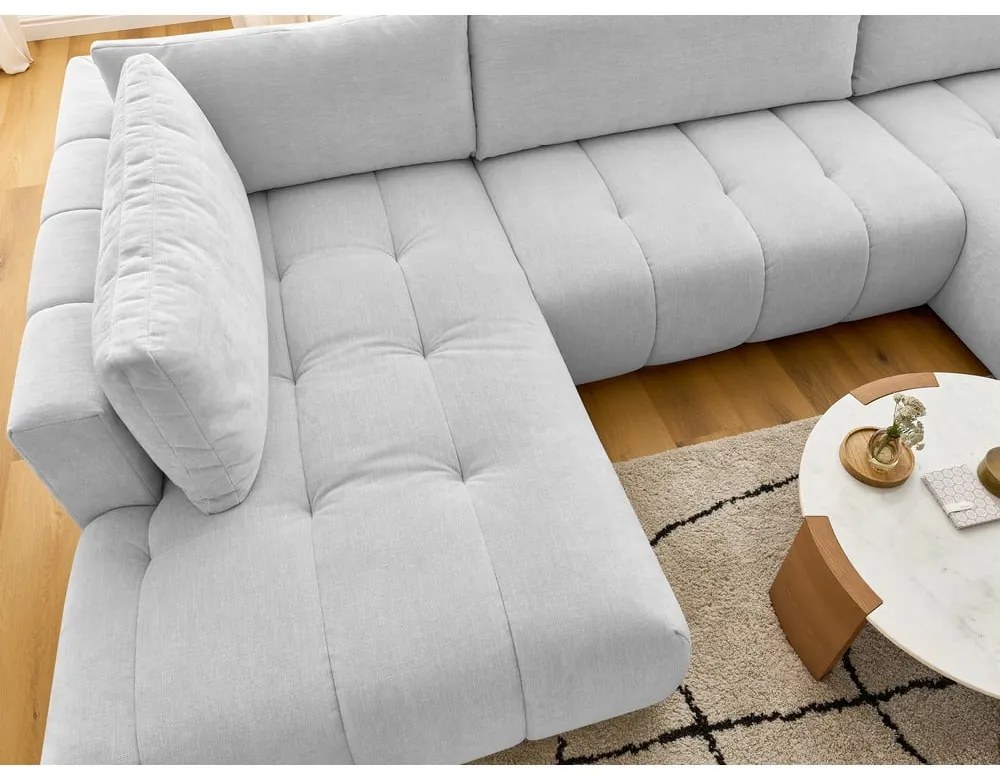 Világosszürke kinyitható-tárolóhelyes sarokkanapé (bal oldali-U alakú) Fuji – Bobochic Paris