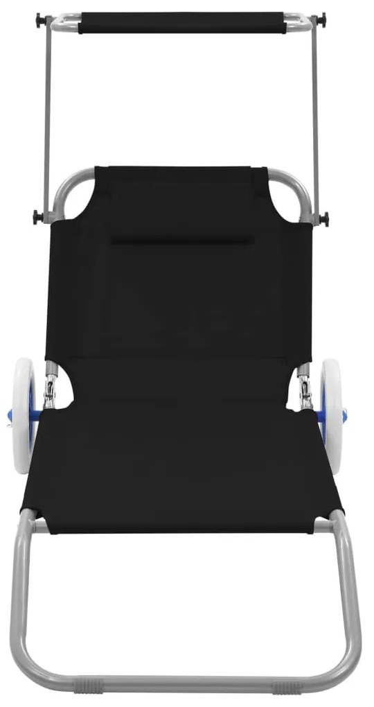 Fekete acél összecsukható napozóágy napellenzővel és kerékkel