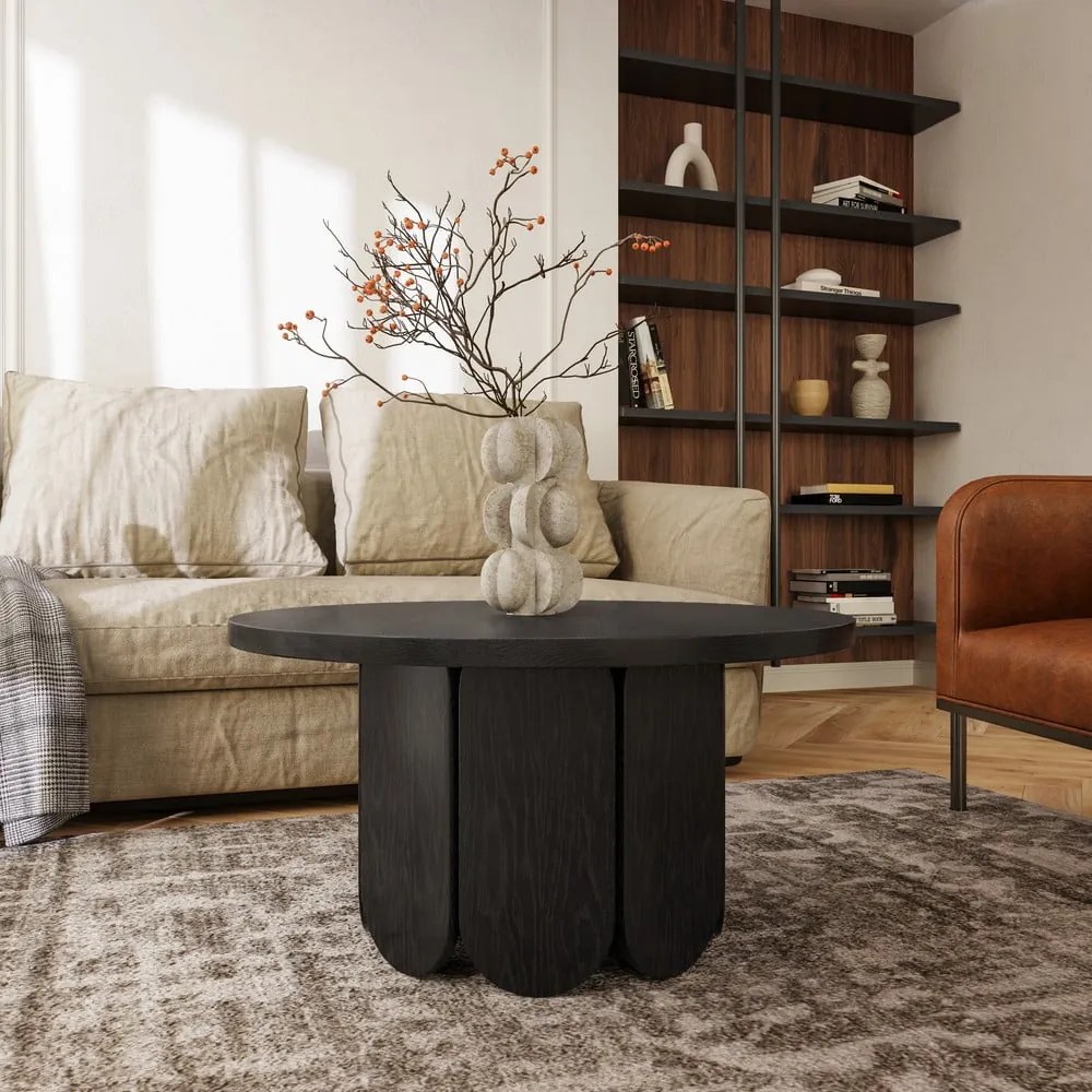 Fekete kerek dohányzóasztal tölgyfa dekorral ø 78 cm Soft – Woodman