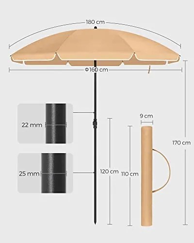 Napernyő 160 cm, Napvédelem UPF 50+, dönthető, talp nélkül, taupe