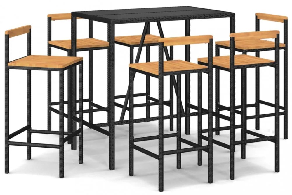 7 részes fekete polyrattan és tömör akácfa kerti bárszett