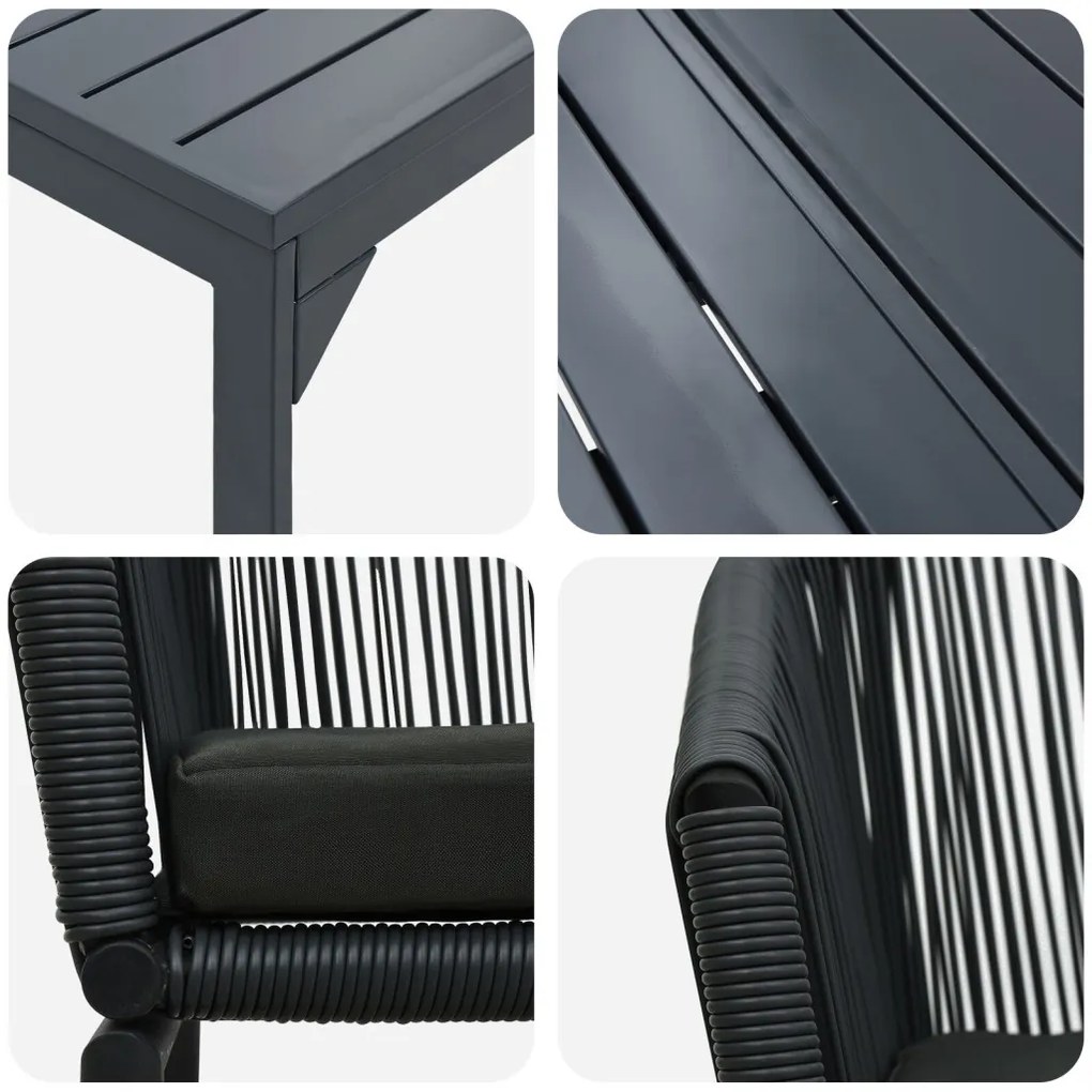 10 darabos kerti étkező szett párnákkal Fekete poli rattan, Hosszabbítható kerti asztal antracit (140-210)x90x73 cm acél